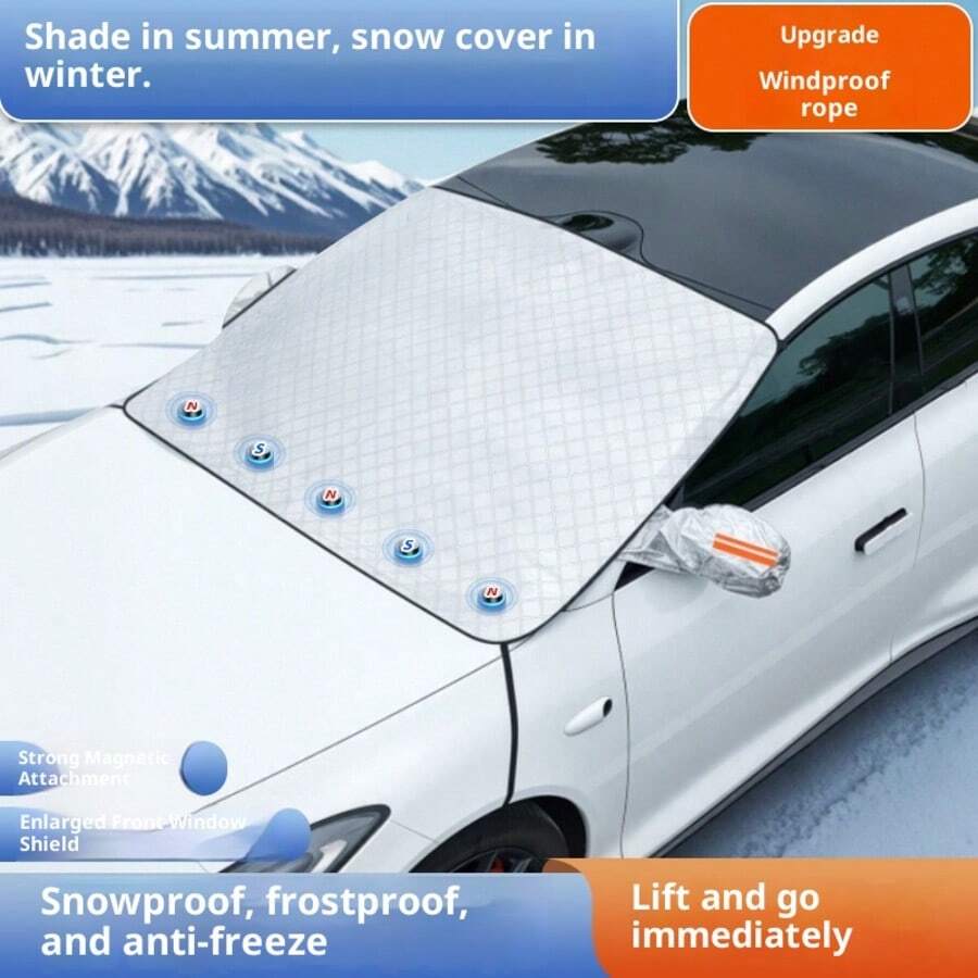Car Windshield Cover, Thickened Half Cover Car Cover With Magnetic Aluminum Film For Frost And Snow Protection, Suitable For Winter Frost Protection, Indoor/Outdoor Use - Silver - View 1
