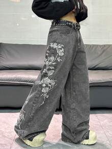 1件韓式街頭風女款刺繡寬腿鬆身長褲，舒適四季牛仔長褲（本產品不含腰帶/配件） - 淺灰色 - 查看 6