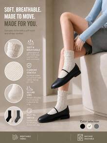 1/3 Pairs Random Assortment Women's Morandi Solid Color Cable Knit Frill Trim Ribbed Mid-Calf Socks, Solid Color Cable Texture Frill Trim, Breathable Sweet Pure, Texture Pleated Frill Trim, Romantic French Style Slouch Socks, Delicate Skin-Friendly Soft Sweet, Cute, Basic Style, Suitable For Daily Home Wear, Suitable For Back To School Gift Occasions, Suitable For Office And Home Wear - Multicolor - View 2