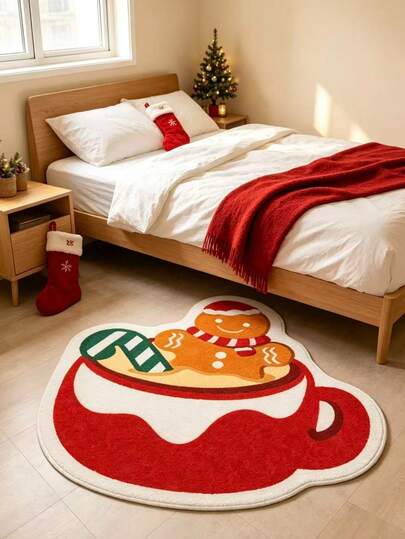 1pc Milk Tea Cup Gingerbread Man Rug, Christmas Thick Carpet, Plush Rug, Autumn/Winter Rug, Extra Thick Rug, Decorative Rug, Bedroom Decor, Small Rug, Carpet, Home Decor, Living Room Rug