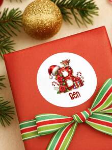 Customized Personalized Christmas Reindeer Initial Round Stickers, Christmas Hat Letter Name Stickers, Christmas Gift Box Sealing Labels, Custom Name Stickers For Christmas And Gift Wrapping, Party Favor Decoration Stickers, Perfect For Family Gifts - Multicolor - View 10