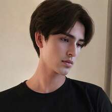 時尚男士短髮中分假髮，易佩戴全頭假髮，適合 Cosplay，蓬鬆自然風格 - 棕色 - 查看 2
