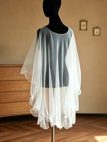 1pc White Sheer Soft Mesh Bridal Cape Shawl, Beach Vacation Outerwear Cover-Up, Wedding Evening Gown Accessory - White - View 5