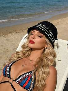 1 PC Women's Crochet Bow Ribbon Bucket Sunshade Hat - Lightweight Packable Faux Straw Sun Hat For Outdoor Beach Travel Hiking - Black - View 4