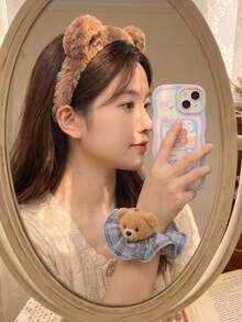 1/1/2/Pcs/Set Brown Plush Headband + Bear Plaid Hair Scrunchie Combination, Cute Hair Accessories - Suitable For Girls And Women, Essential For Daily Wear And Parties - Multicolor - View 5