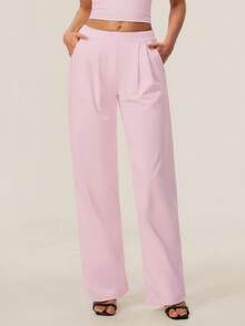 TimeOff Women's 1pc Solid Color Autumn/Winter Pleated Front Side Pocket Straight Leg Wide Leg Pants - Pink - View 6