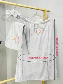 3 Pcs Towel Wrap For Women Shower Robe With Adjustable Closure, Bathrobe With Hair Drying Towel & Spa Wraps,Soft Absorbent Coral Fleece Towel Wrap For Women Lightweight Towel Wraps For Bath Shower - 3-piece Embroidered Bathrobe Set - View 2