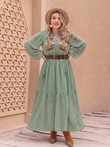 Plus Size Women's Polka Dot Embroidered V-Neck Dress - Green - View 1