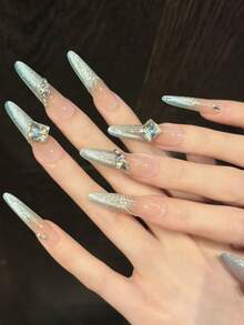 10 Peças Arte de Unhas Stiletto, Unhas Postiças Bonitas, [Cool Muse] Mais Vendidas Estética Pura Brilhante com Strass, Luz Lateral Olho de Gato, Unhas Postiças Feitas à Mão, Adequadas para Mulheres para Uso Diário, Feriados, Ocasiões de Festa - Azul bebê - Visão 3