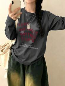 Women's Round Neck Long Sleeve T-Shirt, Spring/Autumn New Star Pattern And Letter Print, Fashion Casual Versatile Loose Top - Dark Gray - View 7