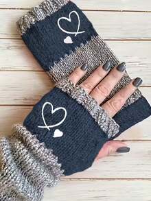 Autumn/Winter Colorblock Knit Fingerless Wrist Warmers With Cute Heart Print, Elastic Warm Gloves For Women, Daily Use - Multicolor - View 4