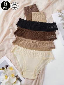 6pcs Women's Cotton Ribbed Briefs Lace Trim Low-Rise Panties With Bow Soft Comfortable Underwear - Multicolor - View 5