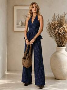Nuevo conjunto elegante y romántico de primavera/verano, incluye top halter con espalda descubierta y cordones, y pantalones de pierna ancha con dobladillo con volantes y estampado retro de lunares, adecuado para fiestas, ir al trabajo, citas, vacaciones, playa - Celeste - Ver 2