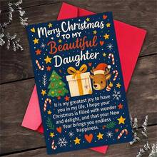 1 Card + 1 Envelope Cute Christmas Card, Reindeer & Gift Box Design "Merry Christmas, My Beautiful Daughter", Suitable For Family, Winter Holiday Celebration Style Card - Multicolor - View 3