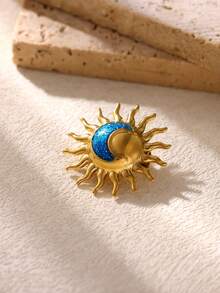 1Pc Vintage Celestial Sun Moon Lapel Brooch, Glitter Enamel & Stainless Steel Pin, Sun Pin For Suit Backpack Decor, Halloween Christmas Gift For Women - Multicolor - View 3