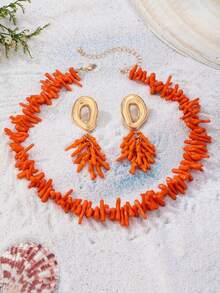 Women's Jewelry Set Bohemian Beach Vacation Faux Coral Necklace & Earrings Set, Suitable For Vacation Wear - Orange - View 5