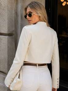 Perirose Women's Cream Cropped Military Jacket Gold Button Detail Embroidered Front Long Sleeve Short Blazer Elegant Outerwear Fall Winter French Chic Style - Apricot - View 2