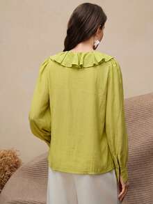 Women's V-Neck Ruffle Green Blouse, Fashion Long Lantern Sleeve Top, Suitable For Various Street And Home Occasions - Lime Green - View 5