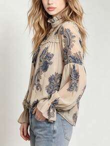 YUXIN Modern Elegant Women's Paisley Print Blouse, Ruffle Trim Faux Collar Lace Patchwork Bishop Sleeve Top, Autumn/Winter Daily Commute & Vacation Wear - Khaki - View 10