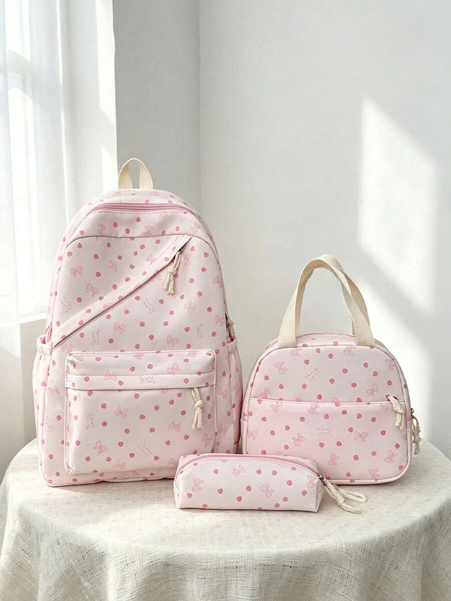 1 Set Back To School Backpack Set - Bow Pattern Large Capacity Backpack + Lunch Bag + Pencil Case Multi-Piece Set, With Laptop Compartment School Bag, Campus Day Bag, Lightweight Portable Zipper Bag, Suitable For Students/Teenagers/Graduates, Perfect For Outdoor/Travel/Middle School/High School/University, Essential College Backpack - Multicolor - View 1