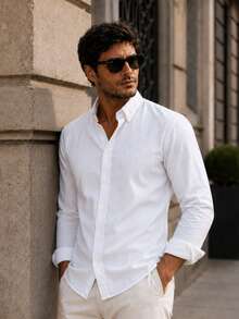 Men's Slim-Fit Button-Down Collar Casual Long-Sleeve Shirt - Soft Textured Cotton-Linen Blend Breathable Shirt For Modern Smart-Casual & Everyday Wear - White - View 2