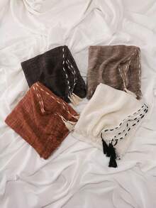 1pc Perforated Drawstring Tassel Hijab, Women Muslim Modest Headscarf, Hand‑Made Textured Tie‑Dye Scarf Shawl - Tassel String-through Textured Scarf - View 3