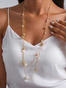 Fashion Faux Pearl Beaded Layered Geometric Necklace. Fashion High-End Sweater Chain. Small And Simple Accessory For Women. - Necklace - View 8