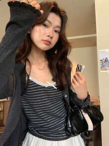 Spring/Autumn Frill Trim Knit Cardigan & Striped Camisole 2 Pieces Set, Slimming Layered Outfit For Women, Versatile Style - Dark Grey - View 4
