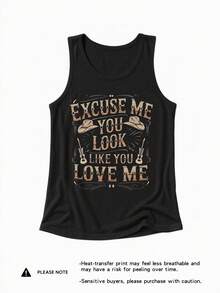 Plus Size Women Vintage Western Pattern Graphic Vest, Casual Round Neck Tank Top Black Summer - Black - View 4