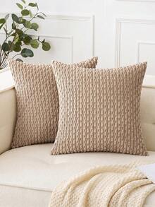 1pc/2pcs Bohemian Striped Throw Pillow Cover (Pillow Insert Not Included), Soft Fleece Solid Color Decorative Square Cushion Cover For Holiday, Sofa, Bedroom, Bed, All Seasons Use - Khaki - View 8