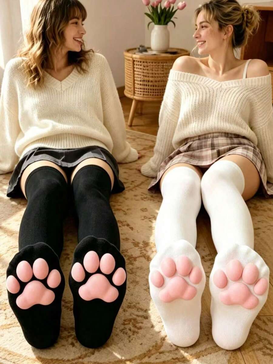 2雙貓爪過膝襪,可愛柔軟3D腳趾襪,貓爪肉墊襪,適合女孩與女性的Cosplay套裝長襪 - 黑與白 - 查看 1