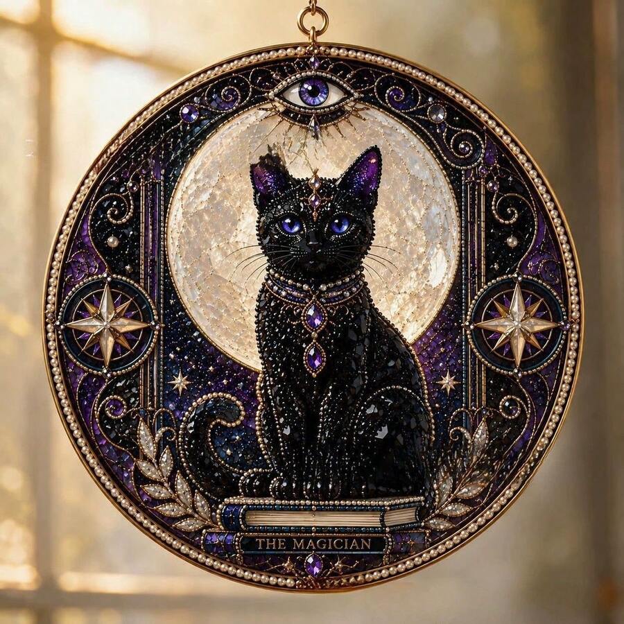 Stained Glass Style Moon Black Cat Suncatcher Ornament Transparent Acrylic Hanging, Celestial Witchcraft Themed Decor, Study Window Accessory, Dark Style Wall Decor, Creative Gift - Multicolor - View 1