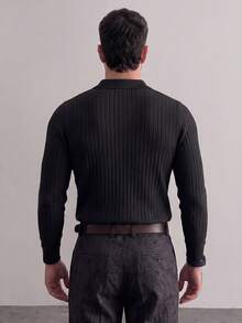 Men's Textured Vertical Ribbed Polo Collar Knit Sweater, Black, Premium Business Style, Long Sleeve, Autumn/Winter, Layering Base Layer - Black - View 2