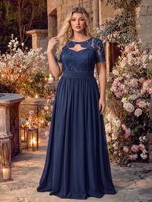 Plus Size Women's Elegant Chiffon Short Sleeve Formal Evening Gown, Backless Slit Long Dress Fall - Navy Blue - View 5