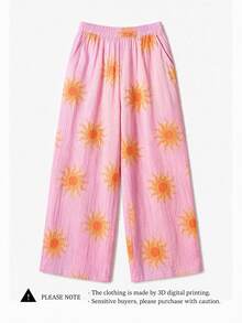 Women's Loose Fit Sunflower Print Casual Pants With Pockets, Suitable For Summer Vacation, Beach White Spring - White - View 3