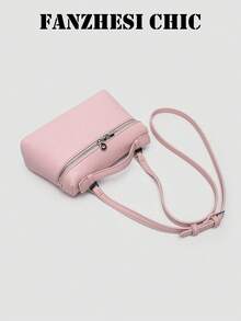Lychee Textured Box Bag Handbag Zipper Closure Minimalist Style Handheld Crossbody Dual-Use Square Body Can Hold Phone Lipstick Keys Suitable For Commuting Work Dating Shopping Daily Outings - Baby Pink - View 6