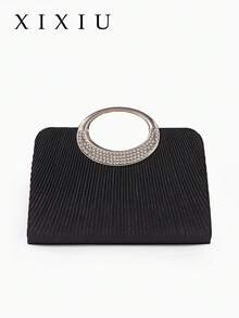 Women's Evening Clutch Bag, Ruched Solid Color Pattern, Satin Fabric, Rhinestone Metal Ring Handle, Elegant & Luxurious, Suitable For Wedding, Party, Banquet, Dance - Black - View 2