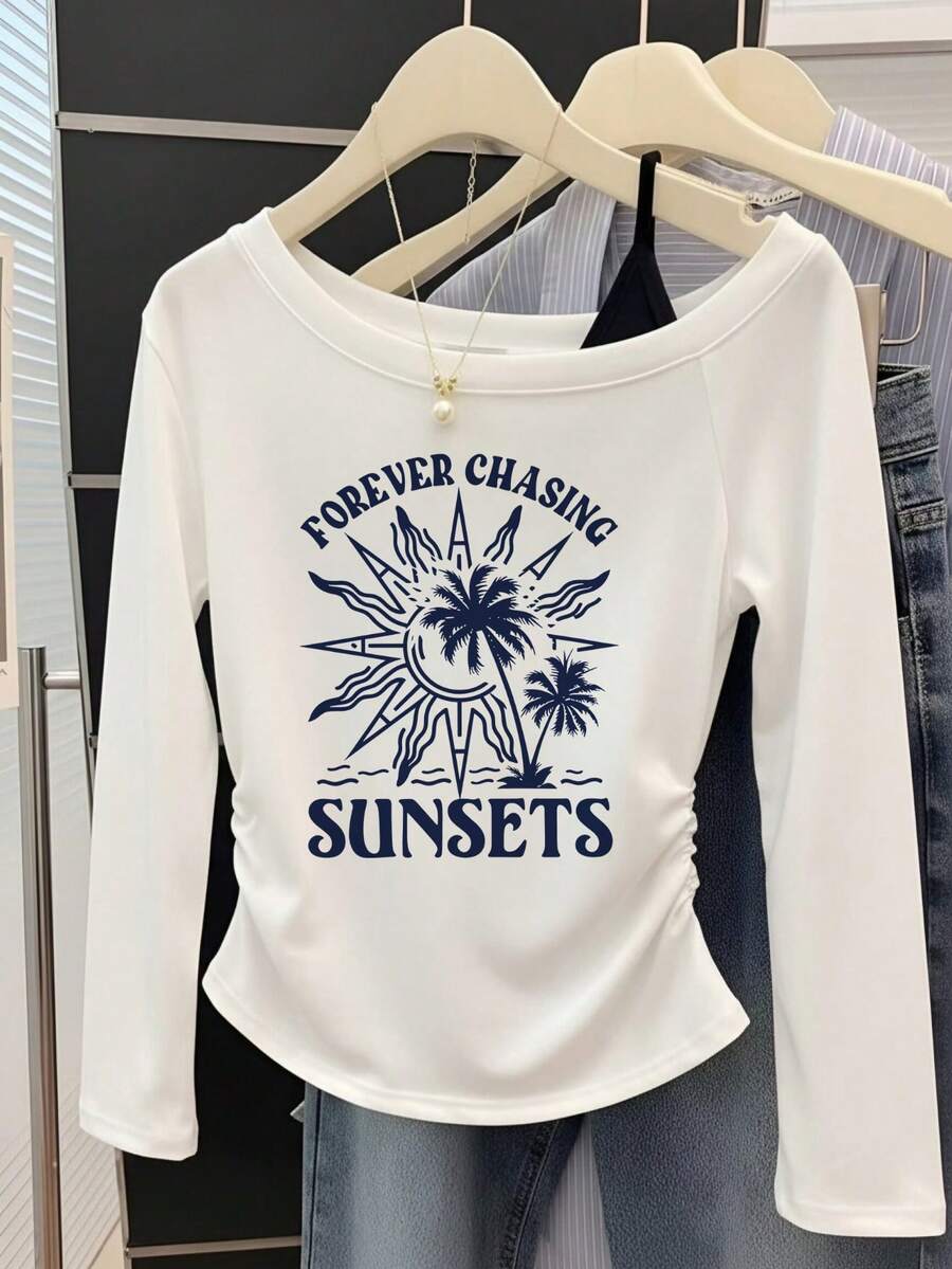 Vacation Style Sunset Coconut Tree Slogan Print Asymmetrical Shoulder Top, Side Drawstring Slimming Sexy Hot Girl Autumn Long Sleeve T-Shirt - White - View 1