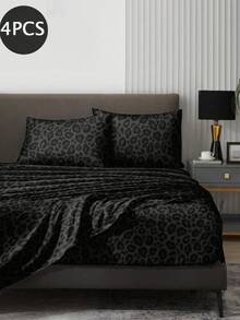 Set Sprei Motif Leopard Hitam 4 Potong, Termasuk 1 Sprei Fitted, 1 Sprei Datar, 2 Sarung Bantal (Isi Bantal Tidak Termasuk). Cocok untuk Ukuran King, Queen, Full, Twin, Muat untuk Kasur dengan Ketebalan Hingga 11,8 Inci. Lembut, Bernapas, dan Tahan Kerut - Hitam - View 2