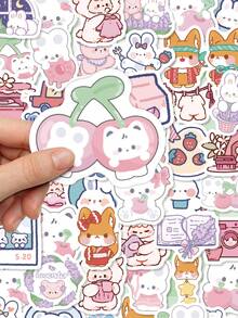 100Pcs Pastel Chibi Animal Stickers, Mixed Cat Fox Sheep Rabbit Decals, Waterproof Vinyl Stickers For Laptop, Water Bottle, Planner & Cup DIY Decor - Multicolor - View 4