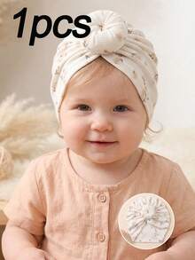 1pc Newborn Beige Bun Headband Fontanelle Protector Soft Cute Baby Headband Hat Set - Multicolor - View 5