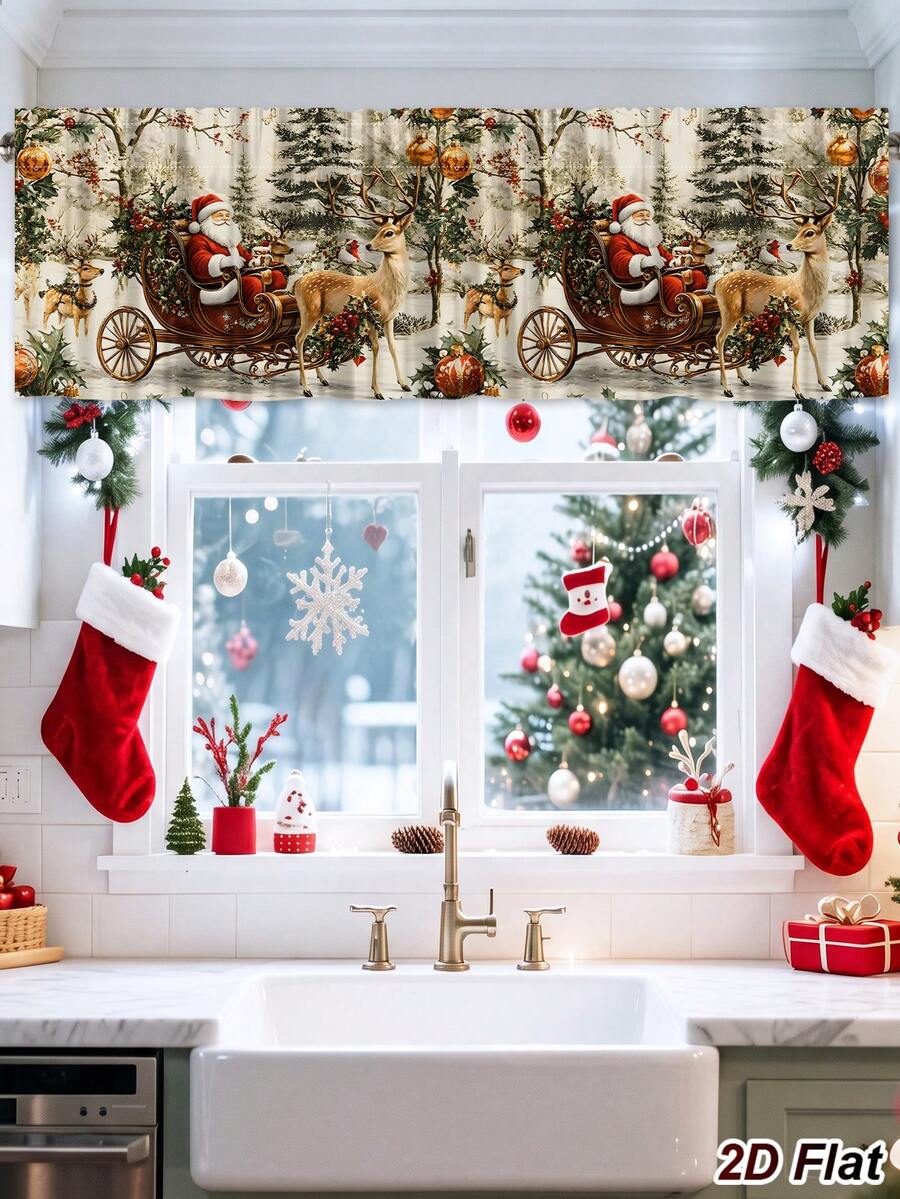 1Pc Christmas Curtain Valance With Santa Claus Sled Elk Pattern, 139*46cm Polyester Hanging Window Decoration, Rod Pocket Short Curtain, Merry Christmas Decoration, Xmas Decor, Christmas Decor, Holiday Party Decoration, Winter Home Decor, Bedroom Kitchen Living Room Window Decoration, Christmas Hanging Decor, Indoor Outdoor Decoration