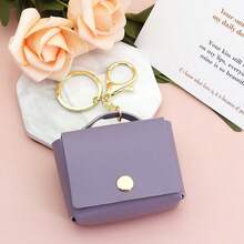 1pc PU Leather Earphone Case Protective Cover Small Square Coin Purse Keychain Pendant Car Key Bag Portable - Multicolor - View 9