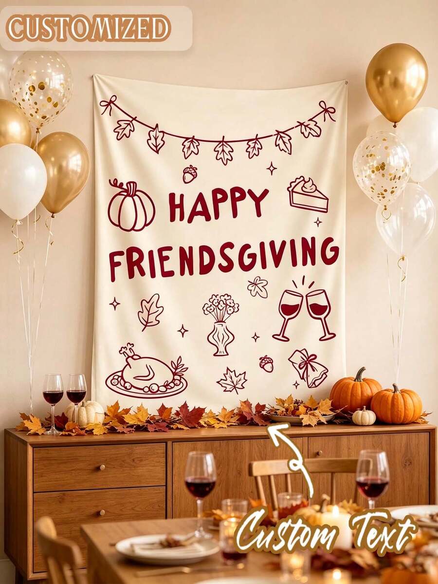 1pc Customized Happy Thanksgiving Friends Gathering Tapestry Backdrop, Autumn Thanksgiving Party Photo Background, Pumpkin Maple Leaf Print Wall Hanging Decor, Suitable For Friends Gathering Dinner Party Home Photography Props - Multicolor - View 1