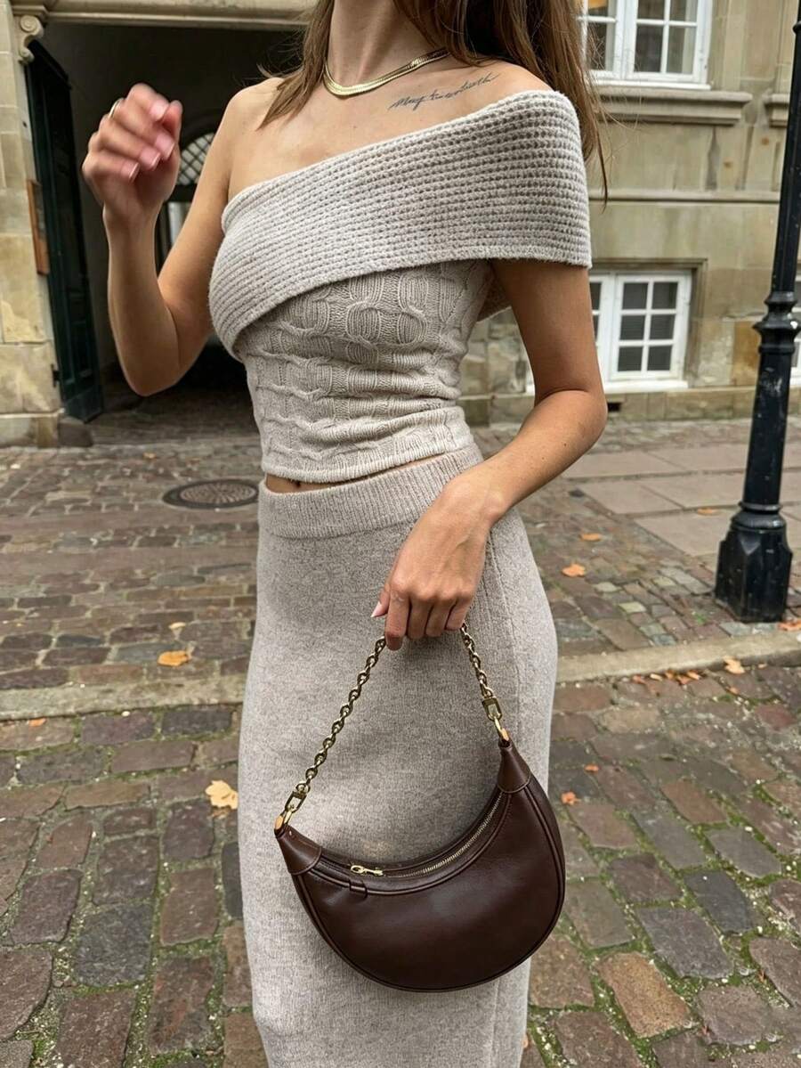 Solid Color Off-The-Shoulder Sleeveless Cropped Knit Top And Long Straight Knit Skirt 2-Piece Set, Slim Fit, Coffee Color, For Date, Afternoon Tea, - Grey - View 1
