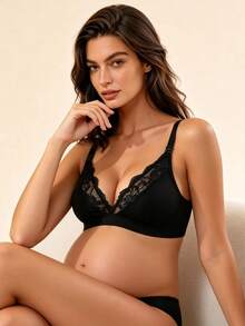 Hart & Haze 1pc Lace Patchwork Wireless Nursing Bra Without Padding - Black - View 5