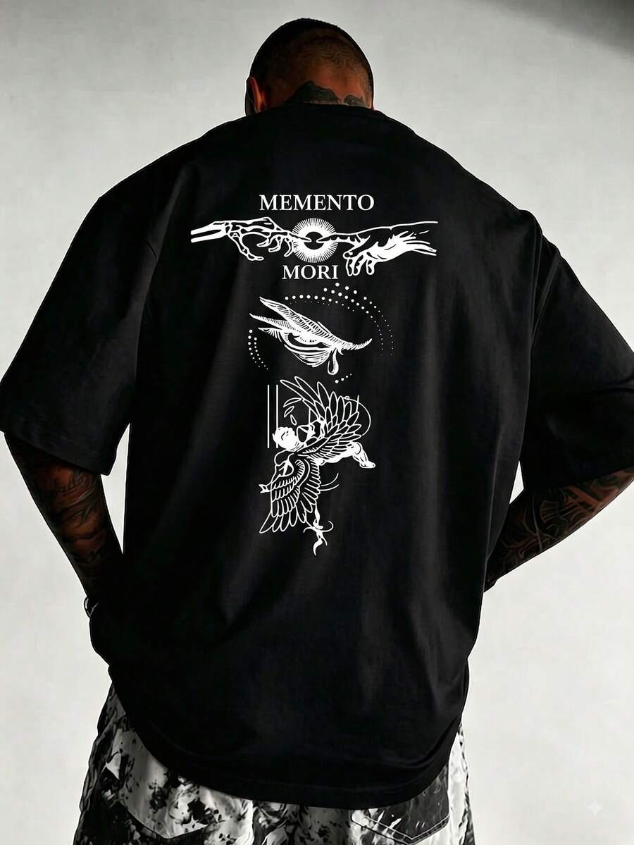 Men's Plus Size Loose Oversize Angel Hands Double-Sided Print Dark Casual T-Shirt Short Sleeve | Exquisite Craftsmanship | Summer Essential Item | Versatile And Easy To Match, Show Off Your Style - Black - View 1