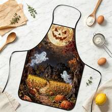 1pc Halloween Pumpkin Full Moon & Ghost Print Apron, Featuring Smiling Pumpkin Moon, Ghost & Cozy Cabin, Cornfield Pattern, Durable Cooking Apron Suitable For Bakers, Cake Decorators, Party Planners, Painters, Nail Artists - Personalized Gift For Home & Professional Chefs - Multicolor - View 2