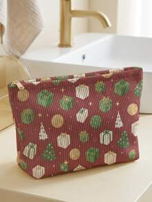 1Pc Double-Sided Christmas Gift Pattern Corduroy Zipper Cosmetic Bag,Toilet Bag,Lined Large Capacity Organizer For Travel,School & Student Daily Use - Multicolor - View 8
