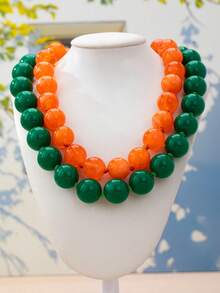 OABE 2pcs/Set Kalung Manik-Manik Berlapis Dua Warna Hijau Dopamin & Oranye Gaya Bohemian untuk Pemakaian Sehari-hari Wanita - MultiWarna - View 7